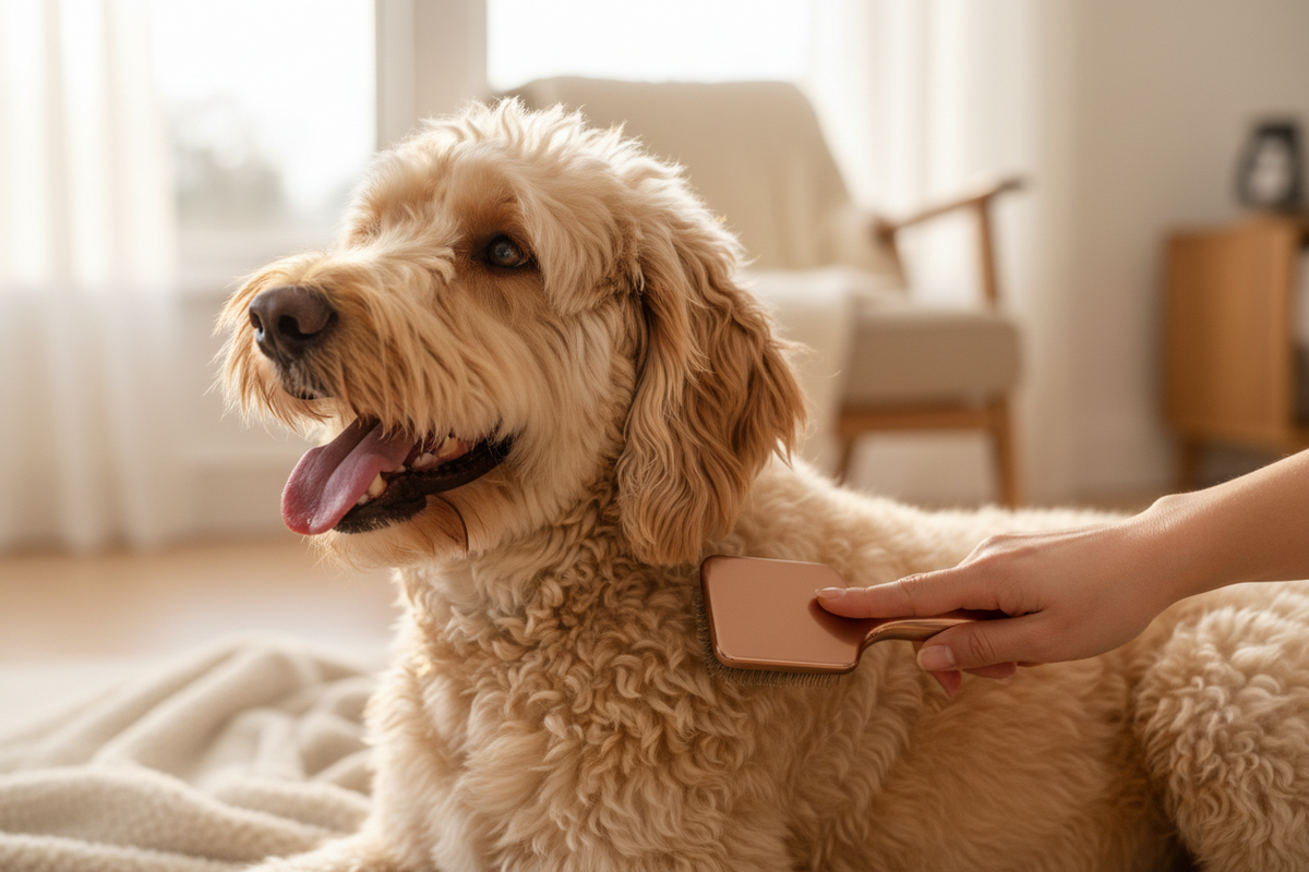 A happy medium-large dog being groomed in warm light